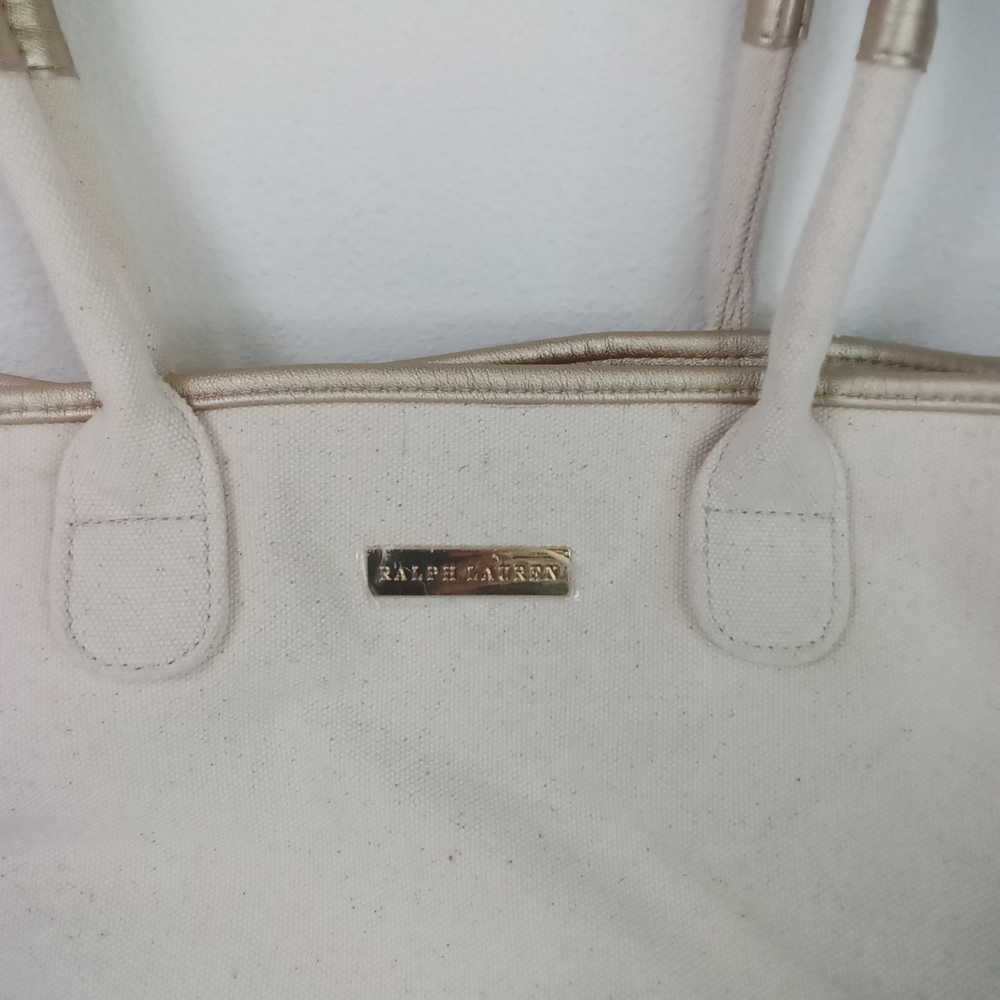 Ralph Lauren Cream Canvas Tote Bag Gold Vegan Leather NWOT - Picture 2 of 10